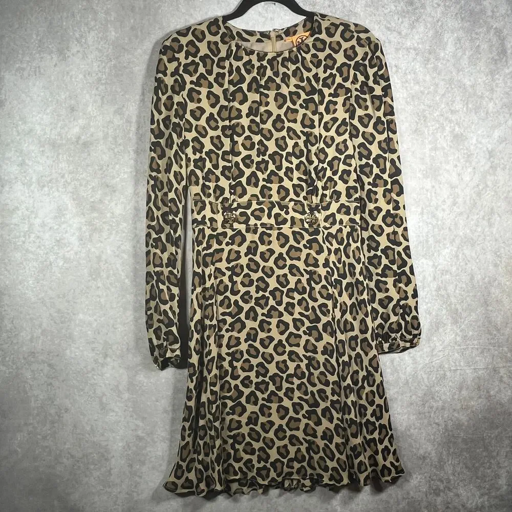 Tory Burch Dress Womens Size 8 Brown Leopard Print‎ Silk Long Sleeve Lined